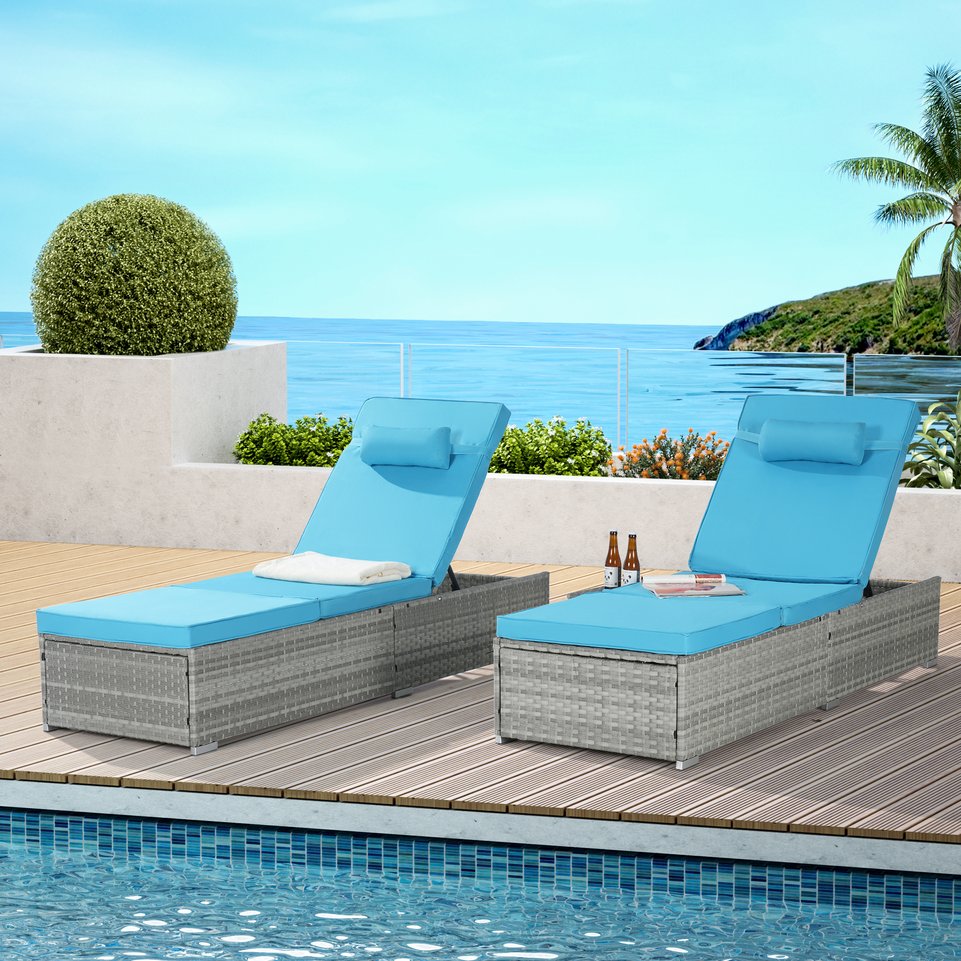English Elm Outdoor Rattan Chaise Lounge With Lake Blue Cushion - Adjustable, Durable, Stylish For All Spaces W874P146994