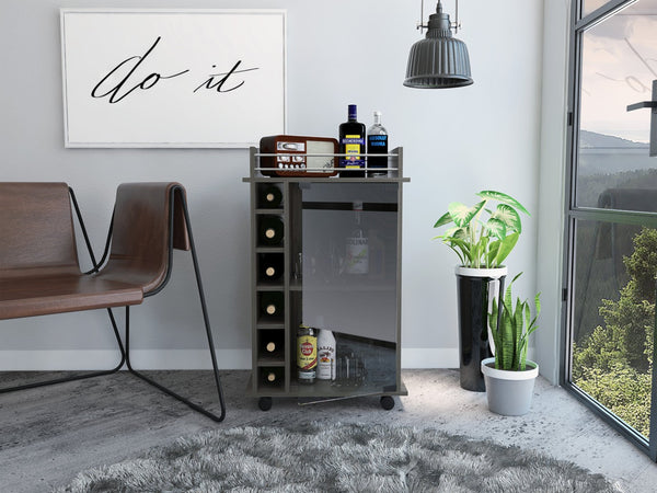 English Elm Dukat Rolling Bar Cart with Wine Storage Glass Cabinet and Espresso Wood Finish B20091847