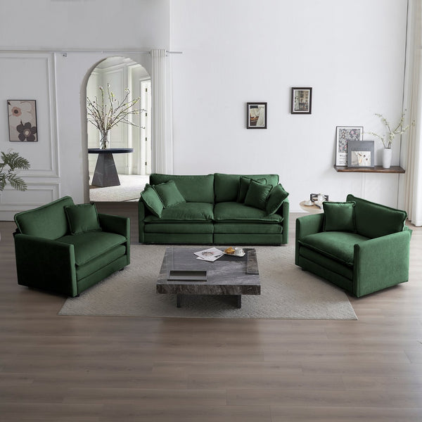 English Elm 3 Piece Sofa Set In Lush Green Chenille With Arm Pillows - Stylish, Space-Saving & Versatile Comfort W714S00452