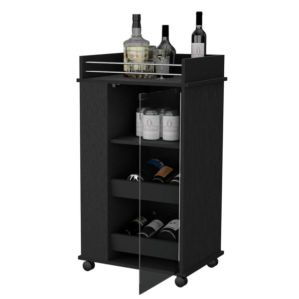 English Elm Lusk Black Bar Cart with 2-Bottle Shelf, Glass Door, Smooth Casters & Extra Storage Shelves B128P176152