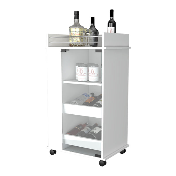 English Elm Lusk White Bar Cart with 2-Bottle Holder, Glass Door, Smooth Casters & Extra Shelving for Entertaining B128P176151