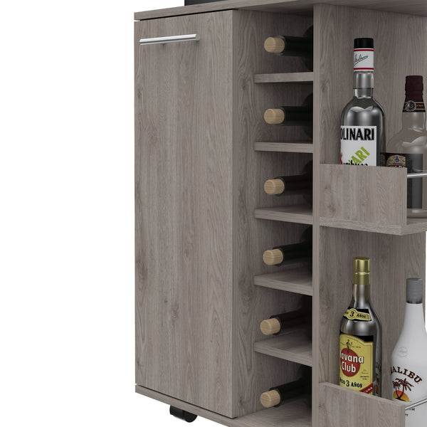 English Elm Tennessee Light Gray Bar Cart with Cabinet, Six Bottle Cubbies, Two Shelves, Locking Casters, FSC B128P176146