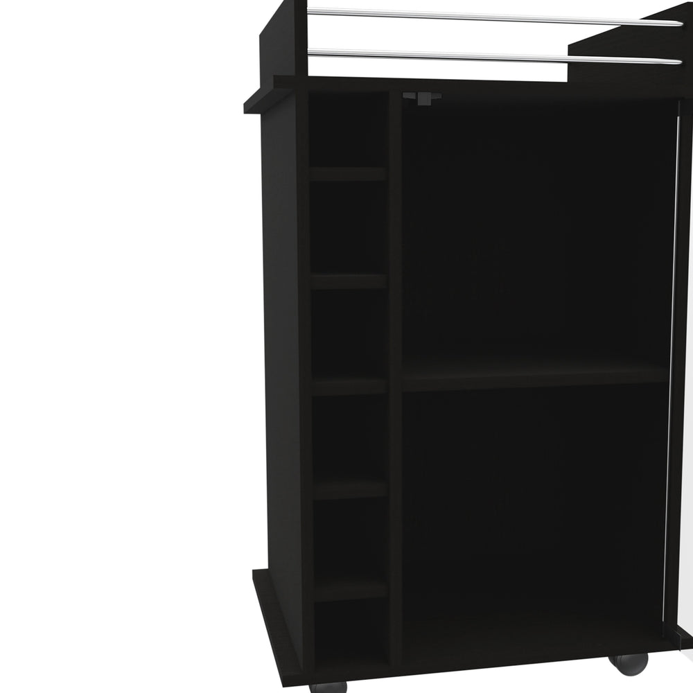 English Elm Vegas Black Bar Cart Cabinet with Glass Door, Six Bottle Cubbies, Locking Wheels & Rail Top B128P176148