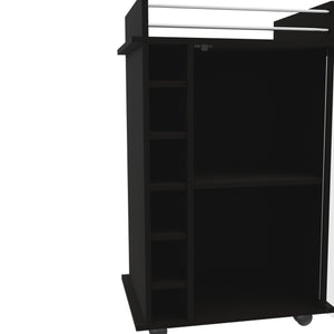 English Elm Vegas Black Bar Cart Cabinet with Glass Door, Six Bottle Cubbies, Locking Wheels & Rail Top B128P176148