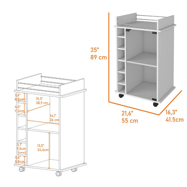 English Elm Vegas Rolling Bar Cart with Glass Door Cabinet and Six Bottle Storage Cubbies B128P176147