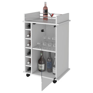 English Elm Vegas Rolling Bar Cart with Glass Door Cabinet and Six Bottle Storage Cubbies B128P176147