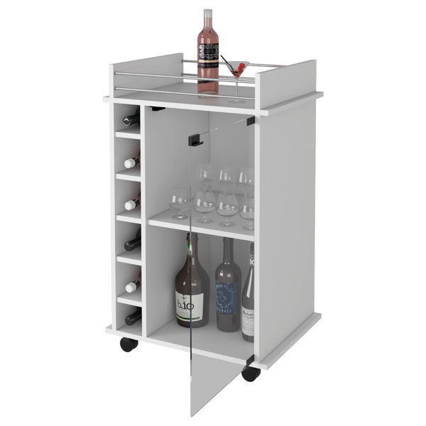 English Elm Vegas Rolling Bar Cart with Glass Door Cabinet and Six Bottle Storage Cubbies B128P176147