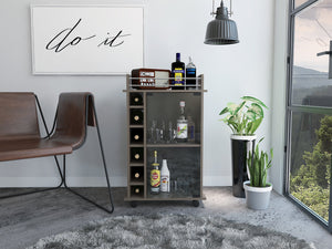 English Elm Vegas Two-Tier Bar Cart with Glass Door, Six Liquor Cubbies, Lockable Wheels, Light Gray Finish B128P176149