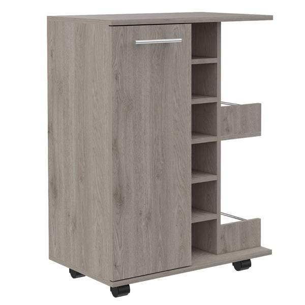 English Elm Bar Cart with Wine Rack Cabinet Open Shelves and Locking Casters for Home Entertaining B20091826