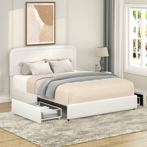 English Elm Liv Patented 2-Drawers Storage Bed Queen Ivory Boucle Upholstered Platform with Dust-Proof Drawers and Soft-Close Gliding System B083P156198