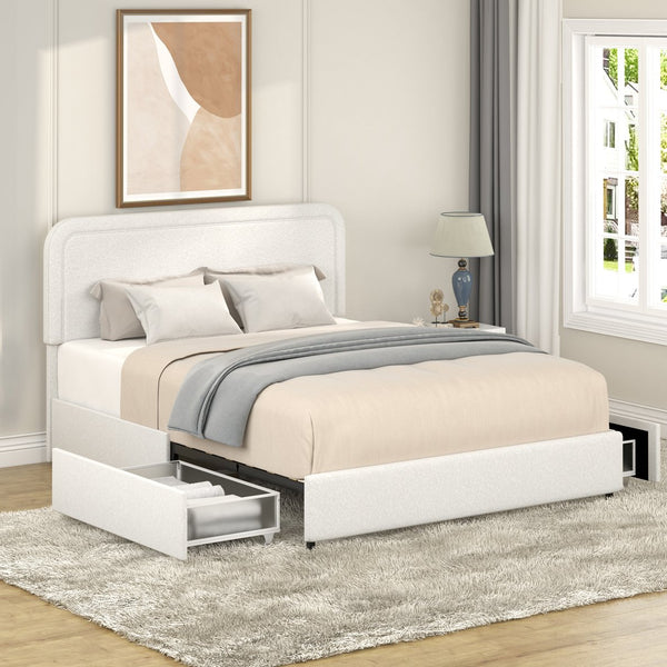 English Elm Liv Patented 2-Drawers Storage Bed Queen Ivory Boucle Upholstered Platform with Dust-Proof Drawers and Soft-Close Gliding System B083P156198