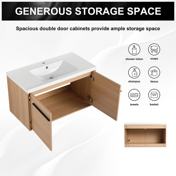 English Elm Levistar 36 Inch Oak Bathroom Vanity With Resin Sink – Stylish Storage & Easy Maintenance Cabinet Set W1972P165045