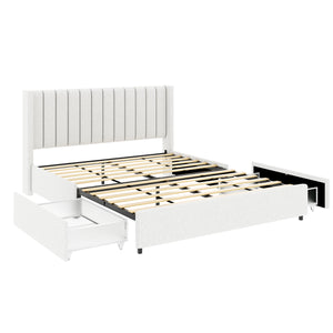 English Elm Anda Ivory Boucle Queen Bed with 2 Dust‑Proof Drawers, Channel Tufted Headboard, No Box Spring Needed B083P156197