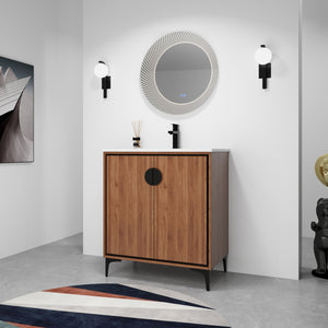 English Elm 30 LEVISTAR Bathroom Vanity with Drop-In Ceramic Sink, 2-Door Engineered Wood Cabinet, Brown, 30" W1972S00002
