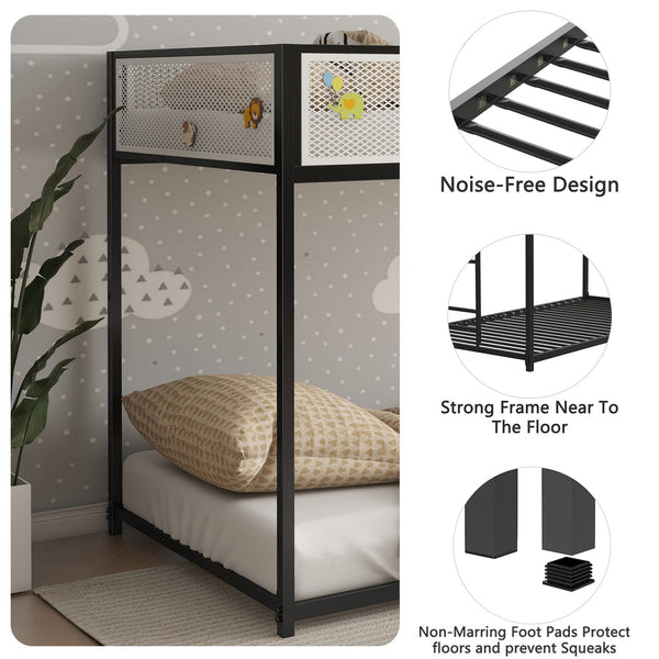 English Elm Adam Twin Over Twin Metal Bunk Bed In Black With White Mesh Guardrails - Safe, Stylish, Space-Saving! B083P170084