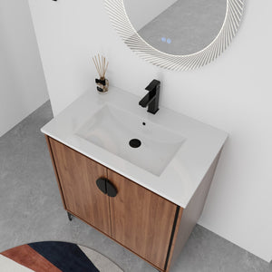 English Elm 30 LEVISTAR Bathroom Vanity with Drop-In Ceramic Sink, 2-Door Engineered Wood Cabinet, Brown, 30" W1972S00002