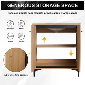 English Elm 30 Inch Oak Bathroom Vanity Base with Basin, Engineered Wood Double-Door Cabinet, Modern Storage W1972S00004