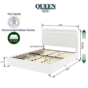 English Elm Liv Patented 2-Drawers Storage Bed Queen Ivory Boucle Upholstered Platform with Dust-Proof Drawers and Soft-Close Gliding System B083P156198