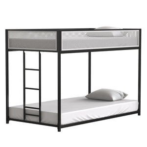 English Elm Adam Twin Over Twin Metal Bunk Bed In Black With White Mesh Guardrails - Safe, Stylish, Space-Saving! B083P170084