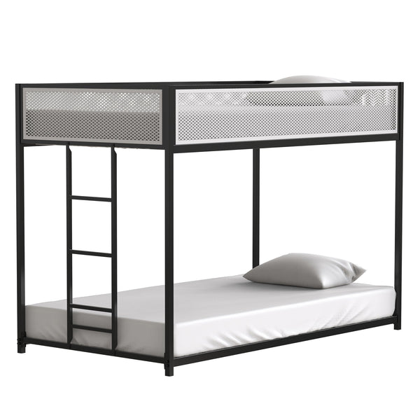 English Elm Adam Twin Over Twin Metal Bunk Bed In Black With White Mesh Guardrails - Safe, Stylish, Space-Saving! B083P170084