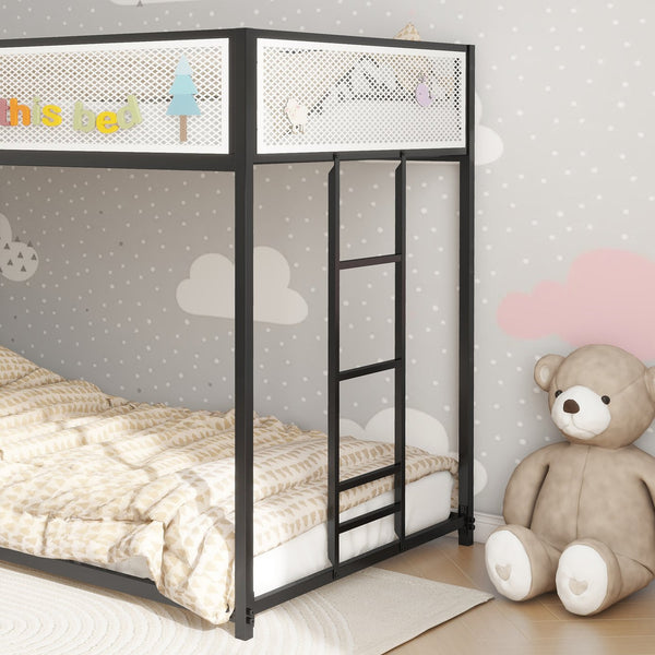 English Elm Adam Twin Over Twin Metal Bunk Bed In Black With White Mesh Guardrails - Safe, Stylish, Space-Saving! B083P170084