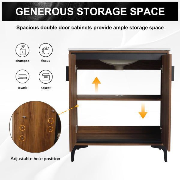 English Elm 30 LEVISTAR Bathroom Vanity with Drop-In Ceramic Sink, 2-Door Engineered Wood Cabinet, Brown, 30" W1972S00002