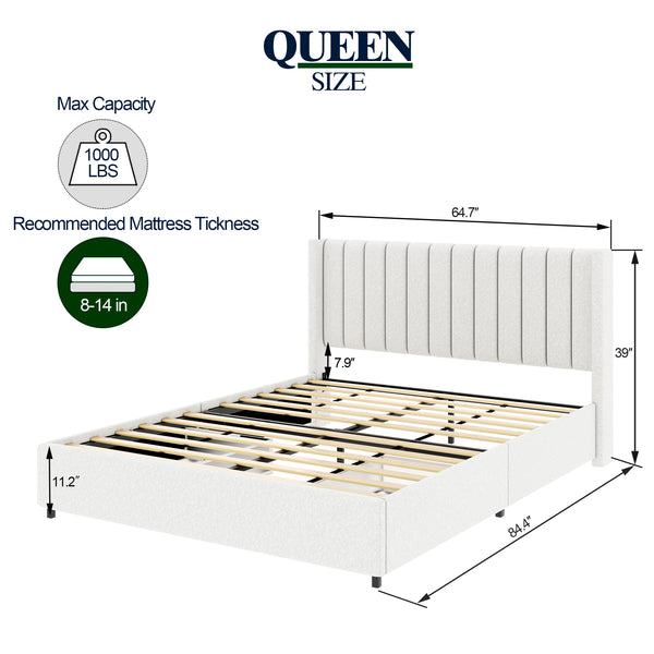 English Elm Anda Ivory Boucle Queen Bed with 2 Dust‑Proof Drawers, Channel Tufted Headboard, No Box Spring Needed B083P156197