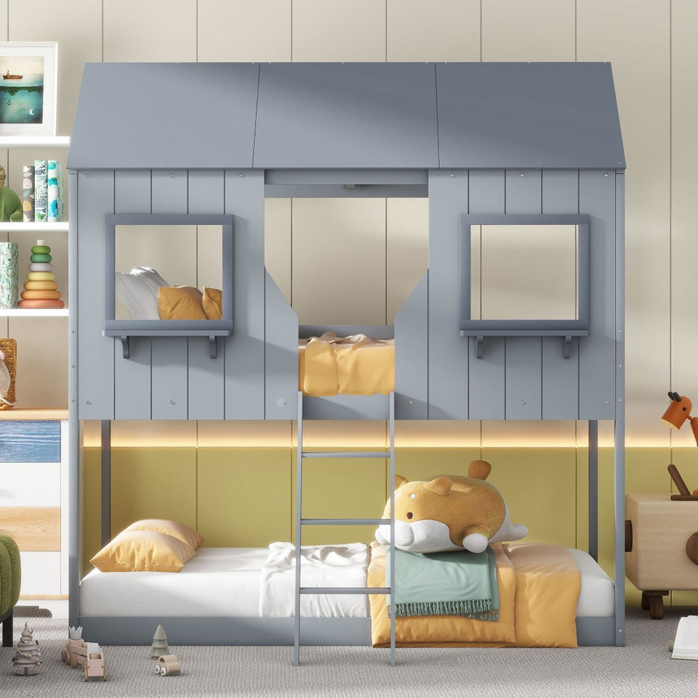 English Elm Twin Over Pine Bunk Bed Playhouse Design with Roof Windows and Guardrails LT000045AAE-1