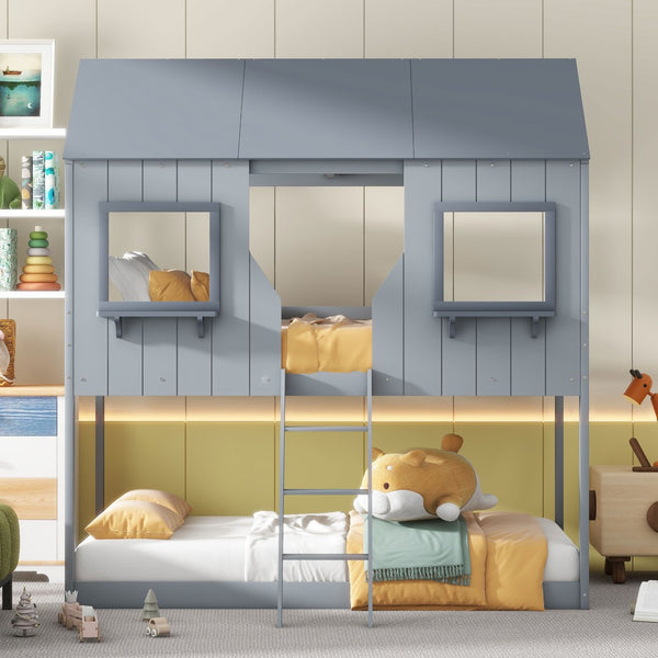 English Elm Twin Over Pine Bunk Bed Playhouse Design with Roof Windows and Guardrails LT000045AAE-1
