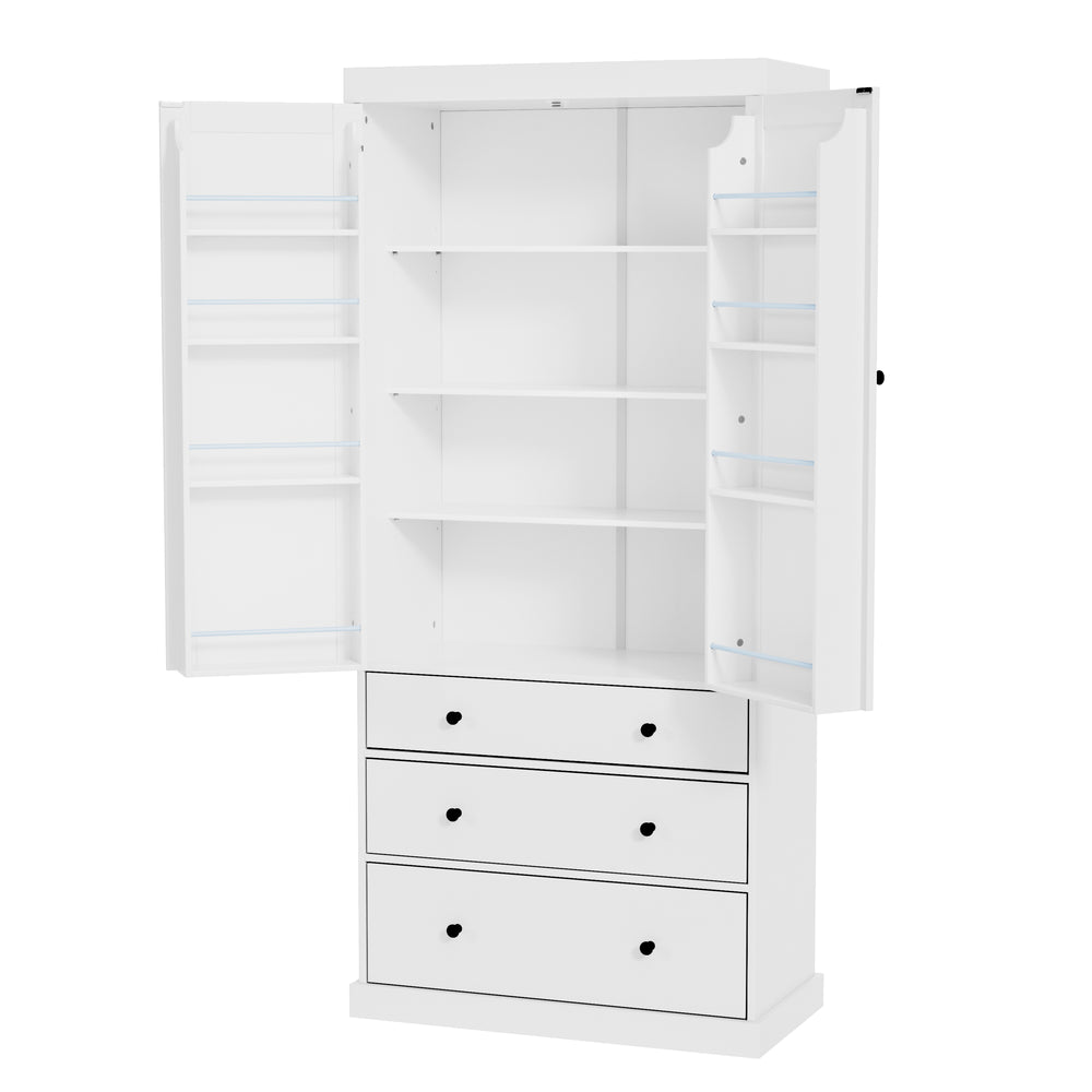 English Elm [Assembly 77in Farmhouse Kitchen Pantry Tall Freestanding Storage Cabinet with 3 Adjustable Shelves, 8 Door Shelves, 3 Drawers, Durable MDF White SP000047AAK