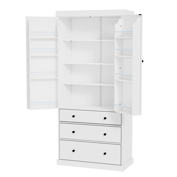 English Elm [Assembly 77in Farmhouse Kitchen Pantry Tall Freestanding Storage Cabinet with 3 Adjustable Shelves, 8 Door Shelves, 3 Drawers, Durable MDF White SP000047AAK