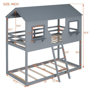 English Elm Twin Over Pine Bunk Bed Playhouse Design with Roof Windows and Guardrails LT000045AAE-1