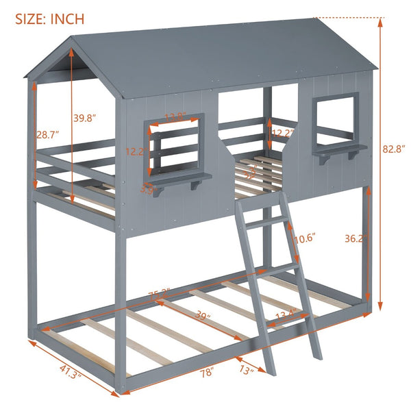 English Elm Twin Over Pine Bunk Bed Playhouse Design with Roof Windows and Guardrails LT000045AAE-1