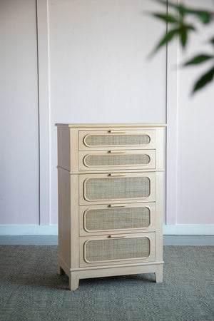 English Elm 29X18X46" Coastal-Inspired Tall Chest With Cane Drawers - Mid-Century Modern Storage Solution For Home W2078P179286