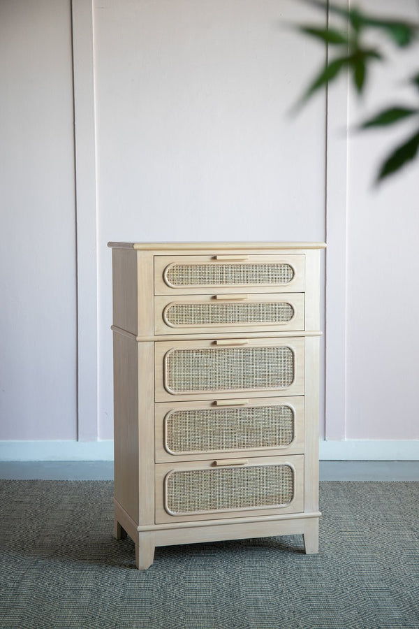 English Elm 29X18X46" Coastal-Inspired Tall Chest With Cane Drawers - Mid-Century Modern Storage Solution For Home W2078P179286