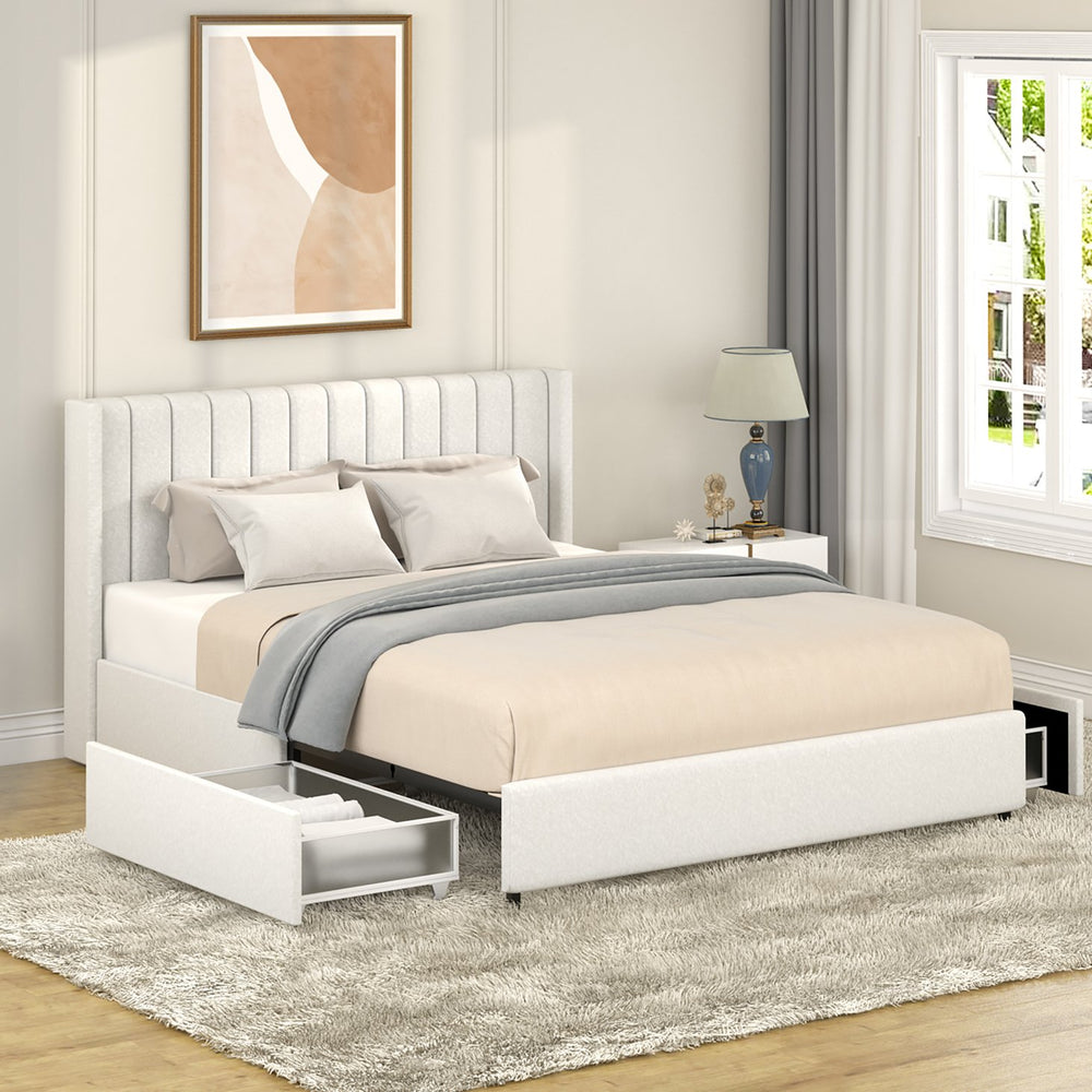 English Elm Anda Ivory Boucle Queen Bed with 2 Dust‑Proof Drawers, Channel Tufted Headboard, No Box Spring Needed B083P156197