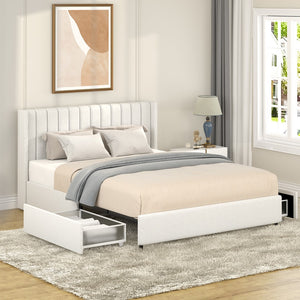 Christopher Knight Home® - Noble House - Anda Patented 2-Drawers Storage Bed Queen Size Ivory Boucle Upholstered Platform Bed, Tufted Headboard, Wooden Slat Mattress Support, No Box Spring Needed