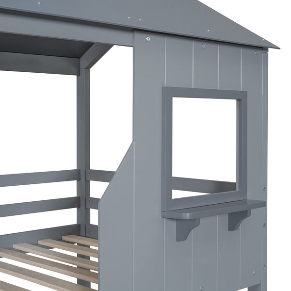 English Elm Twin Over Pine Bunk Bed Playhouse Design with Roof Windows and Guardrails LT000045AAE-1
