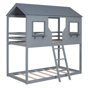 English Elm Twin Over Pine Bunk Bed Playhouse Design with Roof Windows and Guardrails LT000045AAE-1
