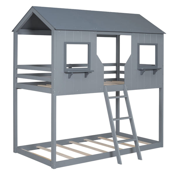 English Elm Twin Over Pine Bunk Bed Playhouse Design with Roof Windows and Guardrails LT000045AAE-1