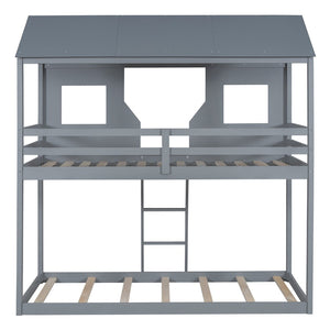 English Elm Twin Over Pine Bunk Bed Playhouse Design with Roof Windows and Guardrails LT000045AAE-1