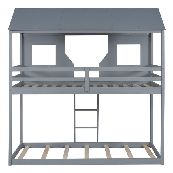 English Elm Twin Over Pine Bunk Bed Playhouse Design with Roof Windows and Guardrails LT000045AAE-1