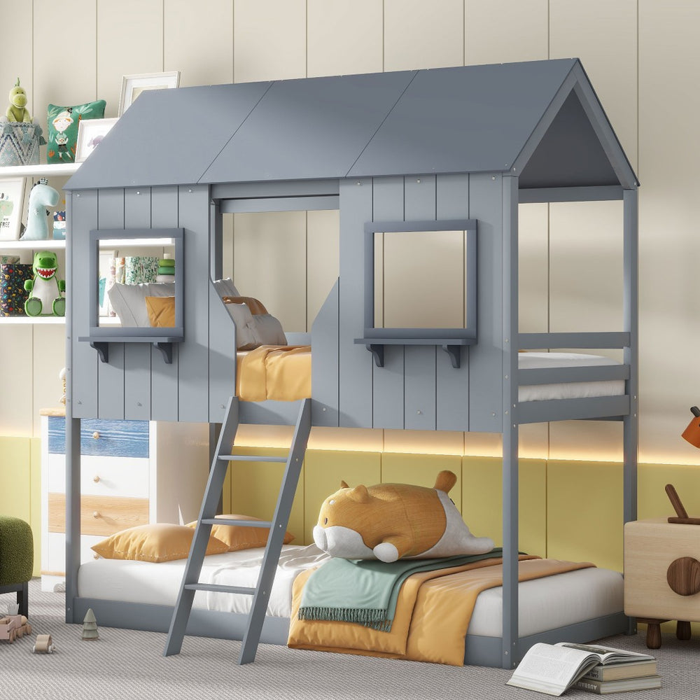 English Elm Twin Over Pine Bunk Bed Playhouse Design with Roof Windows and Guardrails LT000045AAE-1