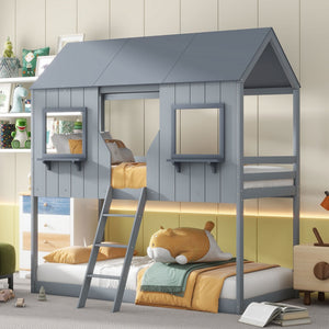 English Elm Twin Over Pine Bunk Bed Playhouse Design with Roof Windows and Guardrails LT000045AAE-1