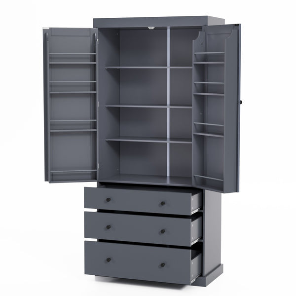 English Elm Topmax Farmhouse Pantry Cabinet 77 Inch Tall Freestanding Kitchen Storage with Drawers Gray N717S000047E