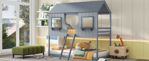 English Elm Twin Over Pine Bunk Bed Playhouse Design with Roof Windows and Guardrails LT000045AAE-1