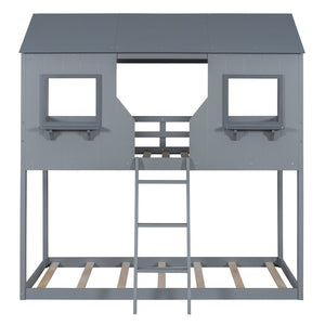 English Elm Twin Over Pine Bunk Bed Playhouse Design with Roof Windows and Guardrails LT000045AAE-1