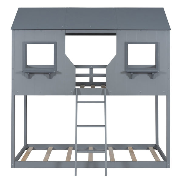 English Elm Twin Over Pine Bunk Bed Playhouse Design with Roof Windows and Guardrails LT000045AAE-1