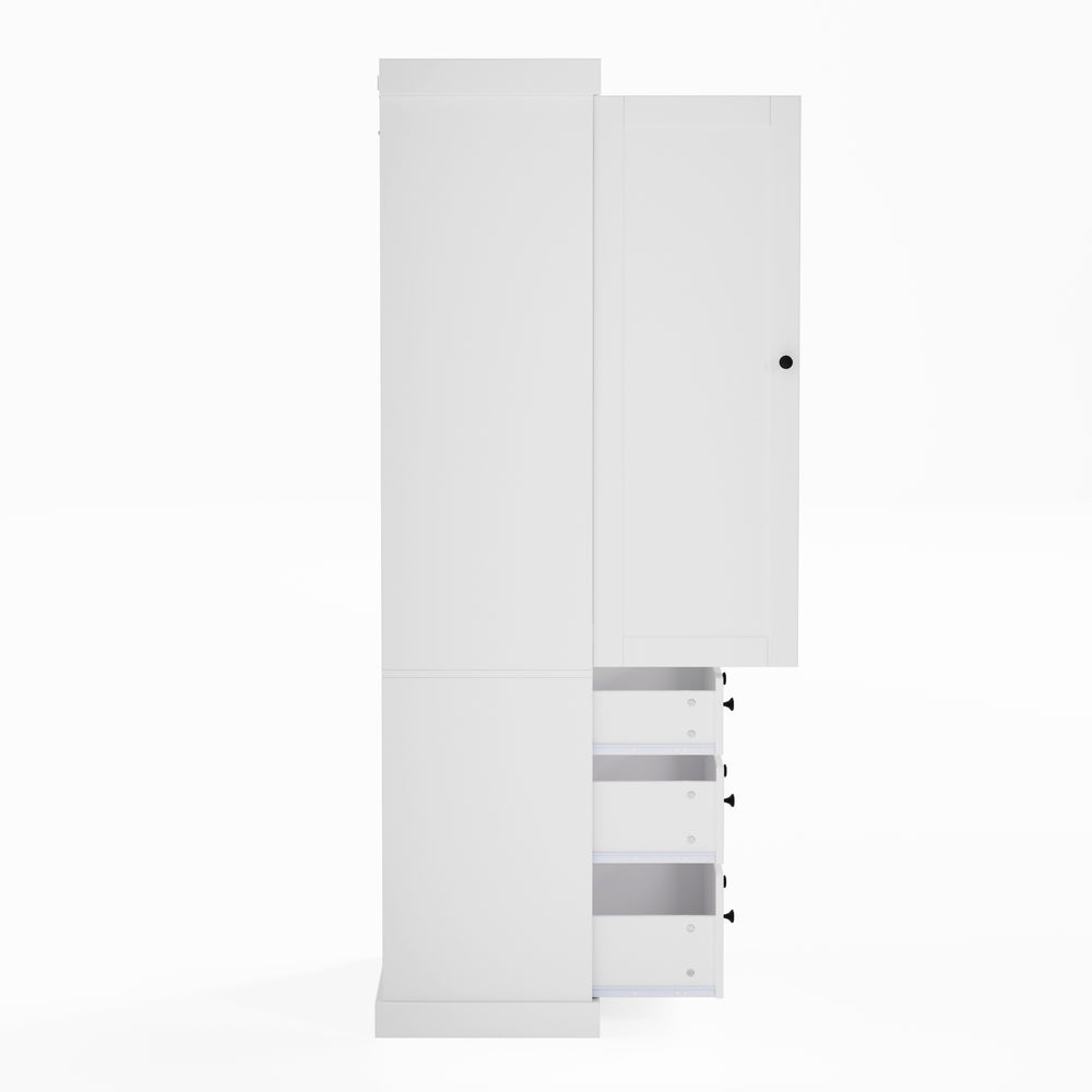 English Elm [Assembly 77in Farmhouse Kitchen Pantry Tall Freestanding Storage Cabinet with 3 Adjustable Shelves, 8 Door Shelves, 3 Drawers, Durable MDF White SP000047AAK