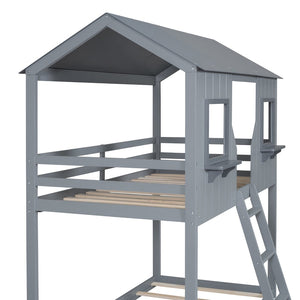 English Elm Twin Over Pine Bunk Bed Playhouse Design with Roof Windows and Guardrails LT000045AAE-1